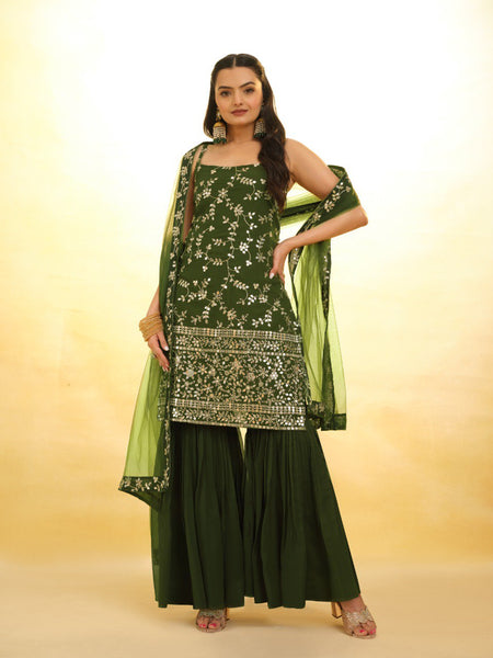 Green Color Embroidered Georgette PLazo Suit
