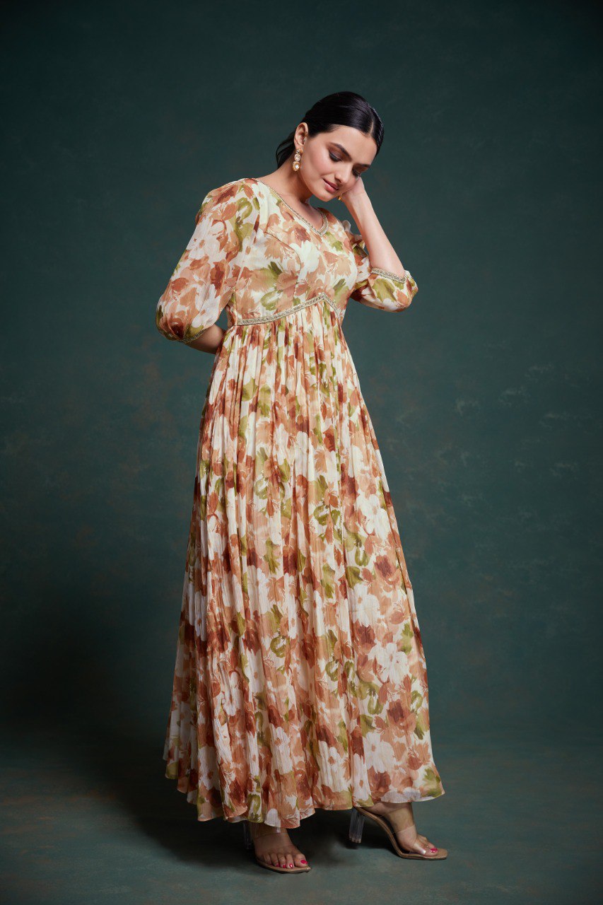 Party Wear Cream Color Chiffon Gown