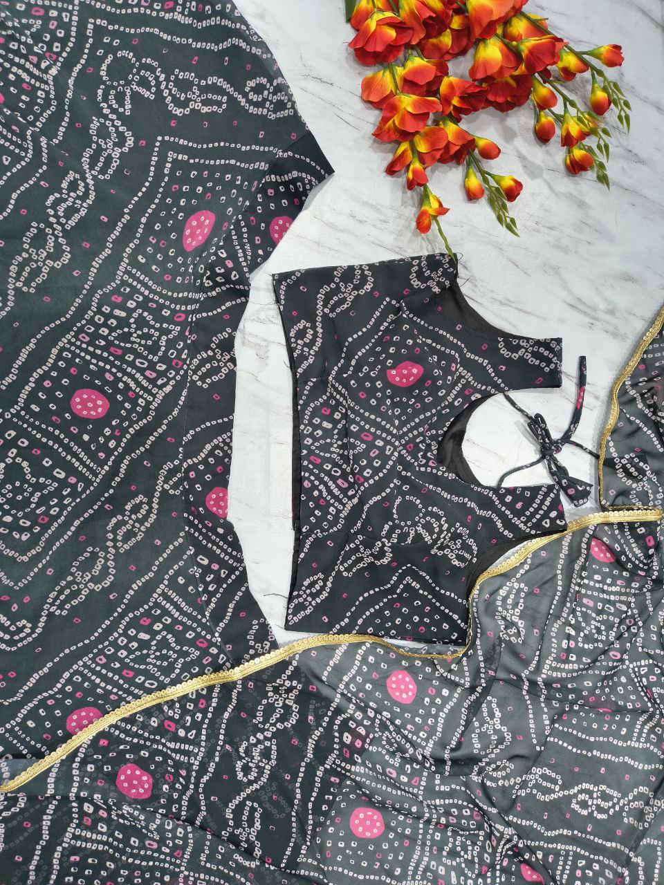 Designer Georgette Lehenga Choli with Printed Work & Lace Border Dupatta