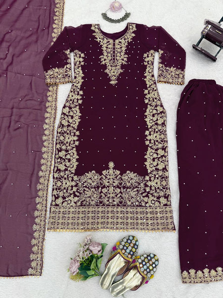 Faux Georgette Dress with Coding & Sequence Work | 3-Piece Plazo Suit