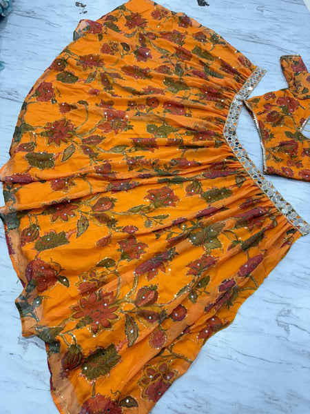 Vibrant Orange Floral Taby Silk Lehenga Choli Set