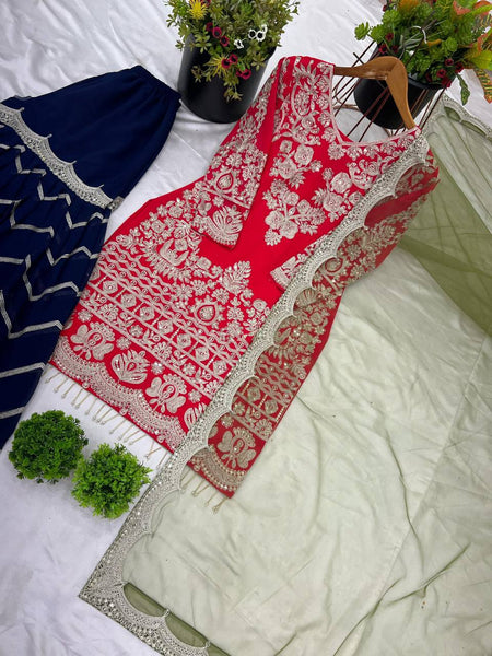 Red Color Georgette Embroidery Plazo Suit