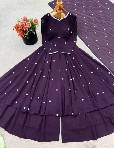 Wine Color Georgette Embroidery Plazo Suit