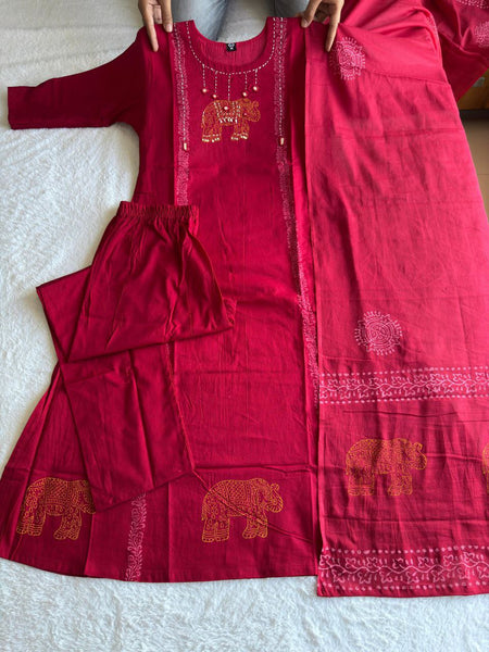 Red Hand Work Roman Silk Kurti Pant Set