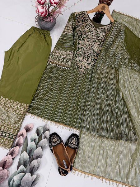 Elegant Olive Green Embroidery Palazzo Suit Set