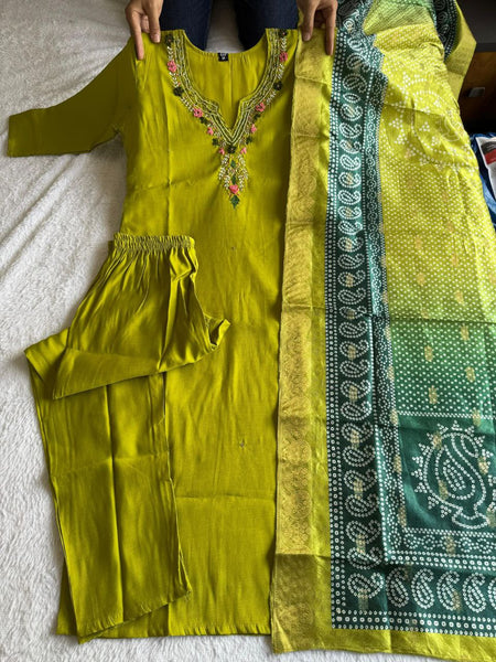 Green Color Hand Work Roman Silk Ready Made Salwar Suit