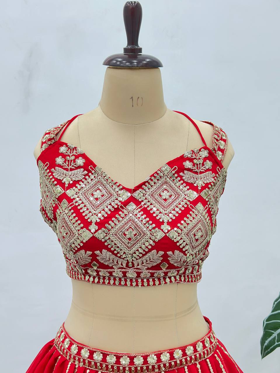 Red Faux Georgette Bridal Lehenga Choli with Sequins & Zari Work