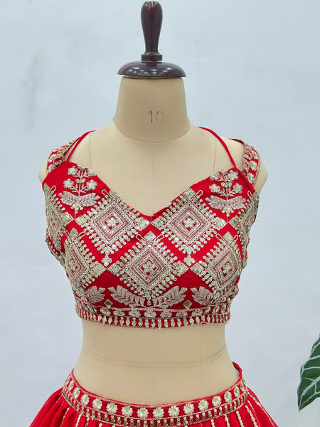 Red Faux Georgette Bridal Lehenga Choli with Sequins & Zari Work