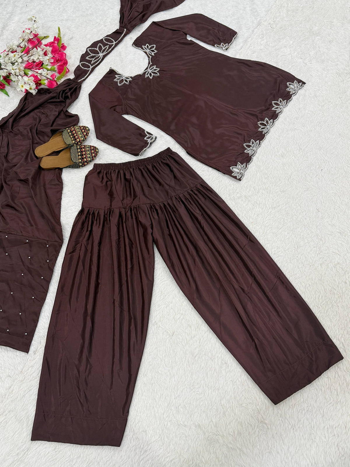 Heavy Natural Crepe Embroidered Farshi Salwar Suit