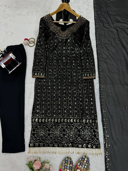 Elegant Faux Georgette Embroidered Suit Set with Real Mirror Work Latkan