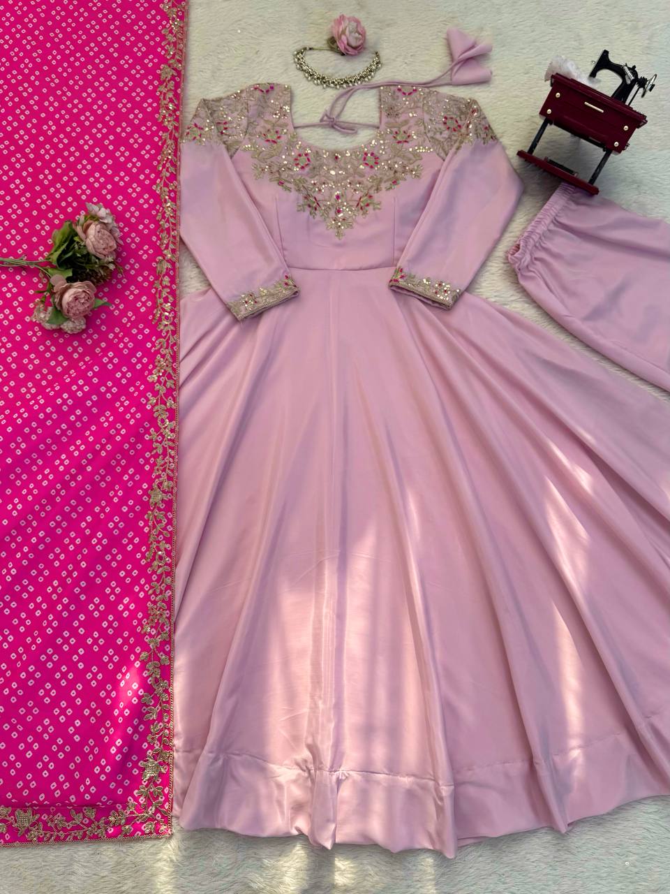 Exquisite Crepe Silk Embroidered Gown Set