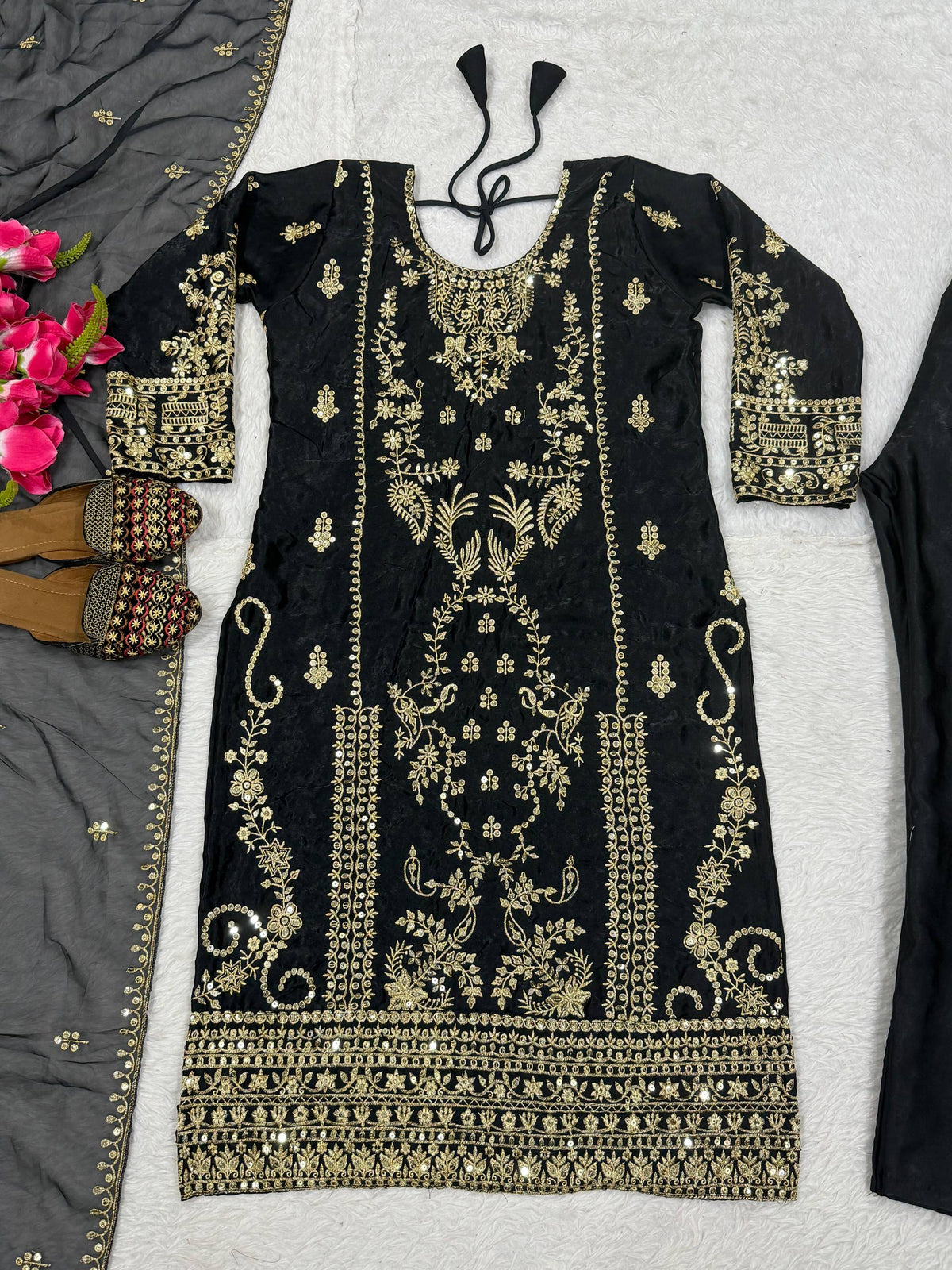 Exquisite Korean Satin Silk Embroidered Suit Set