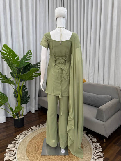 Faux Georgette Top & Boot-Cut Pant Set