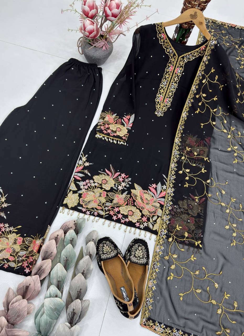 Exquisite Faux Georgette Embroidered Palazzo Set