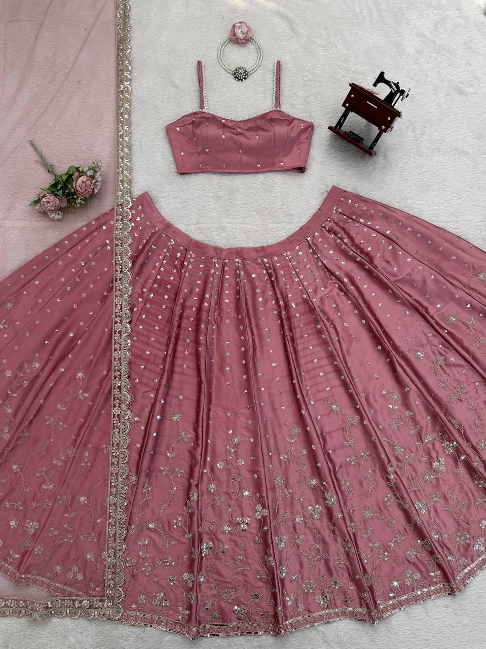 Elegant Japan Satin Lehenga Choli with Coding Dori Sequence Work