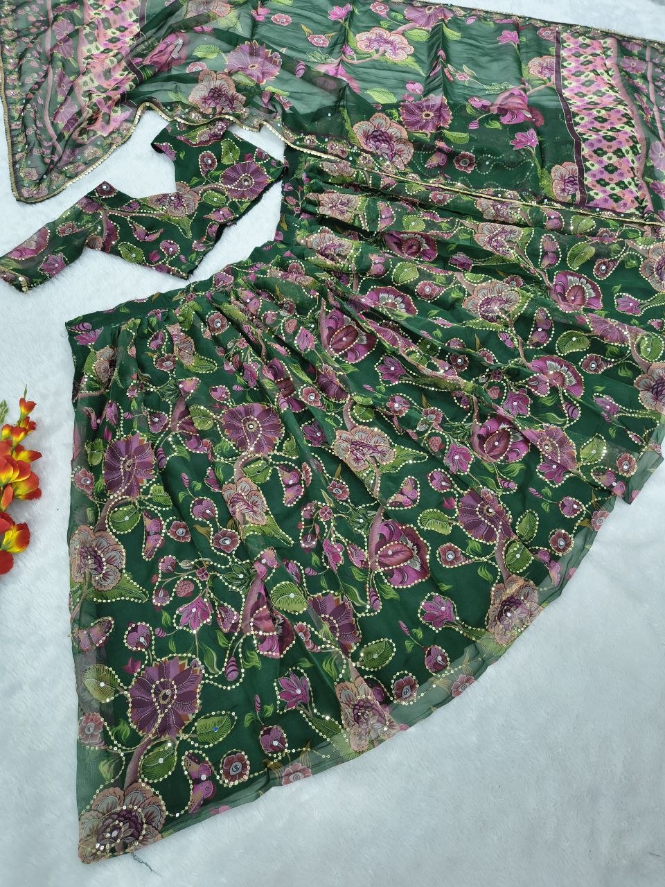 Premium Taby Silk Hand-Worked Lehenga Choli – Digital Floral Print