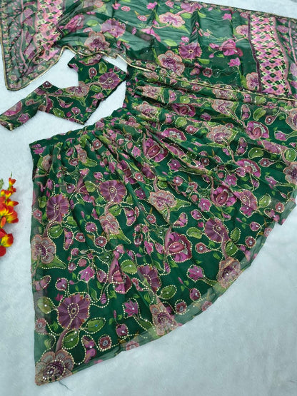 Premium Taby Silk Hand-Worked Lehenga Choli – Digital Floral Print