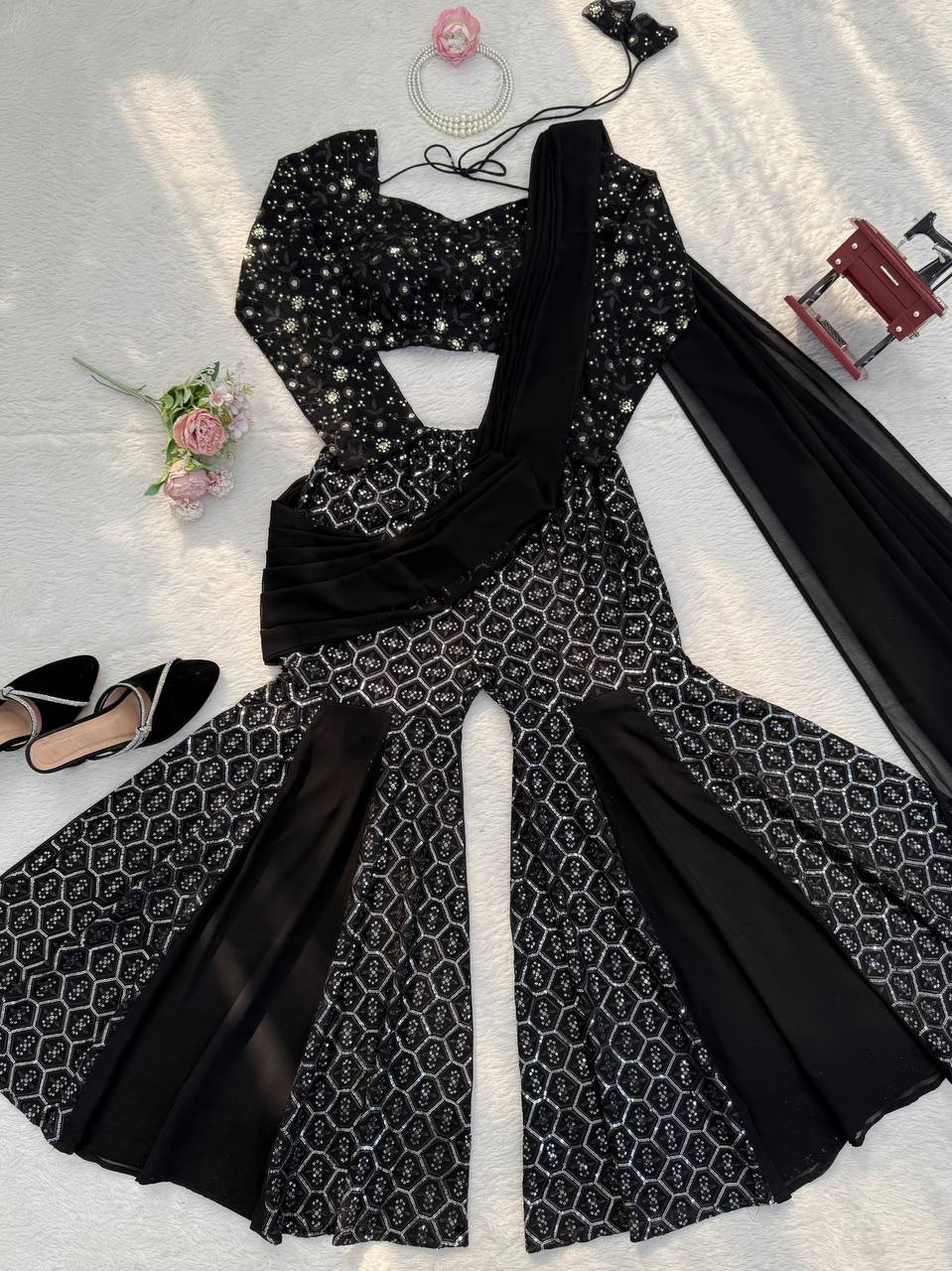 Designer Faux Georgette Sharara Set Heavy Sequence Thread Work