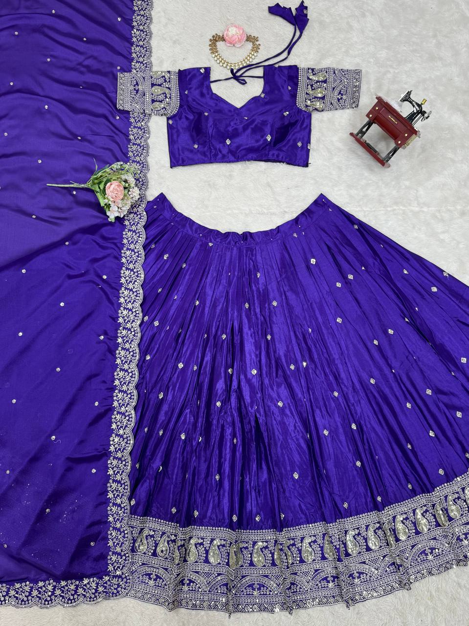 Premium Chinon Silk Fully Stitched Lehengha Choli with Heavy Sequence Threadwork 3-Meter Cancan Flair