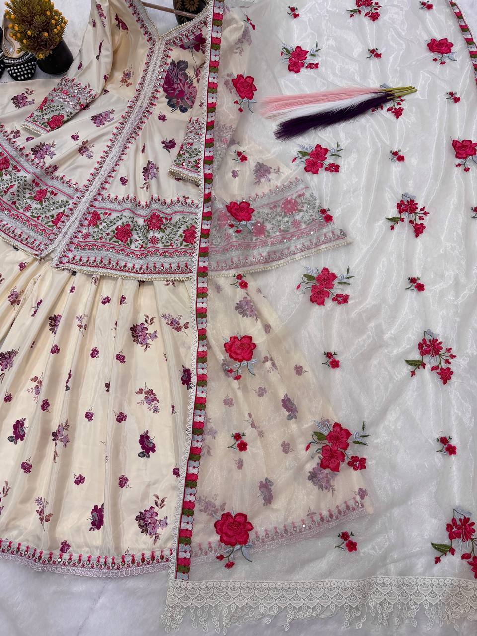 Heavy Natural Crepe Silk Peplum Top with Sharara & Dupatta Set