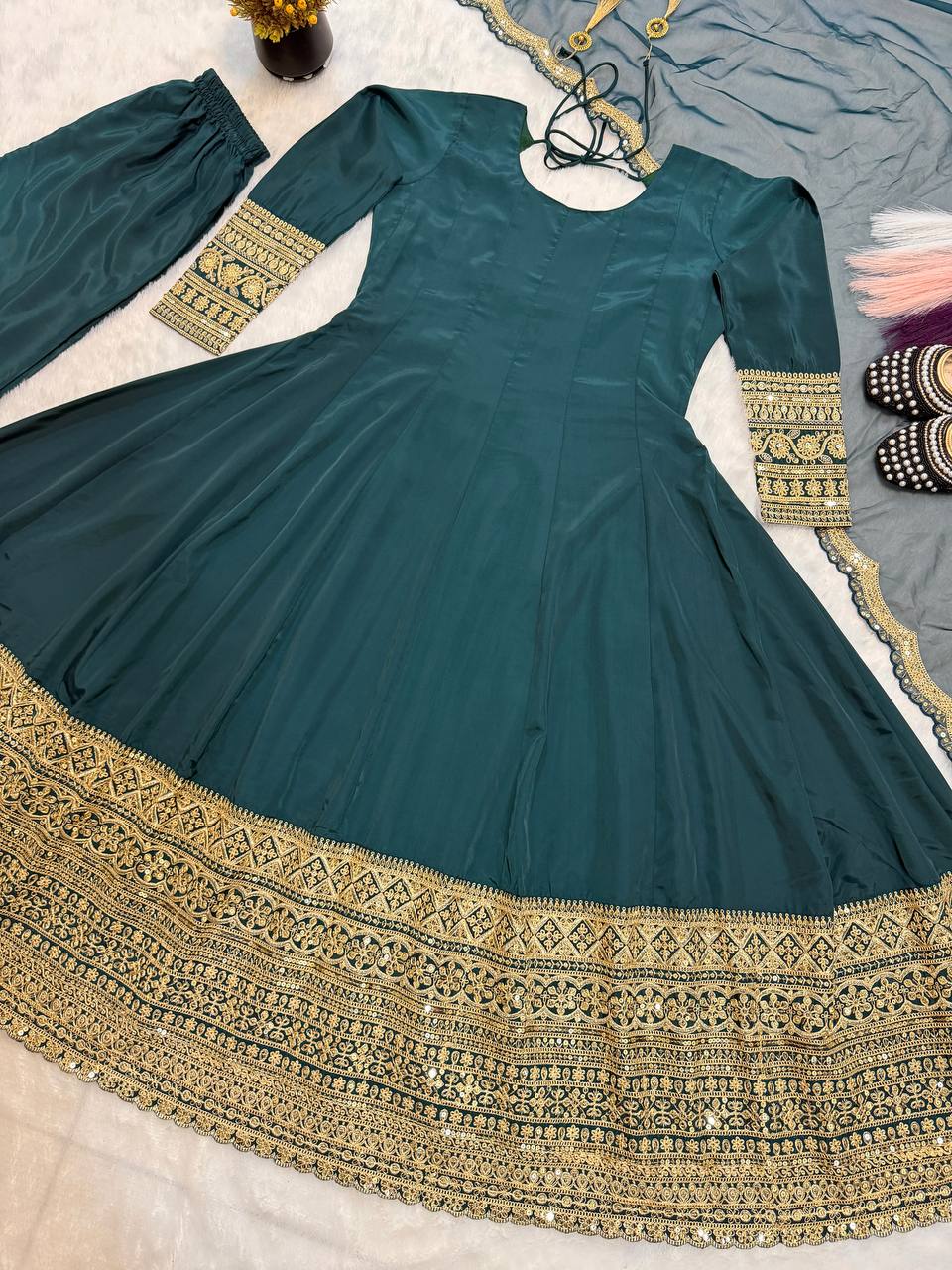 Heavy Natural Crape Embroidered Anarkali Suit Set