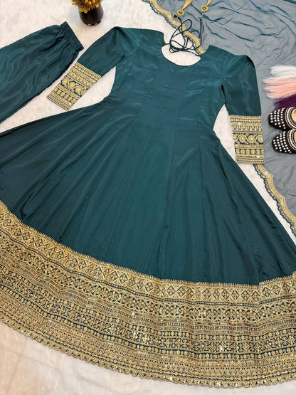 Heavy Natural Crape Embroidered Anarkali Suit Set