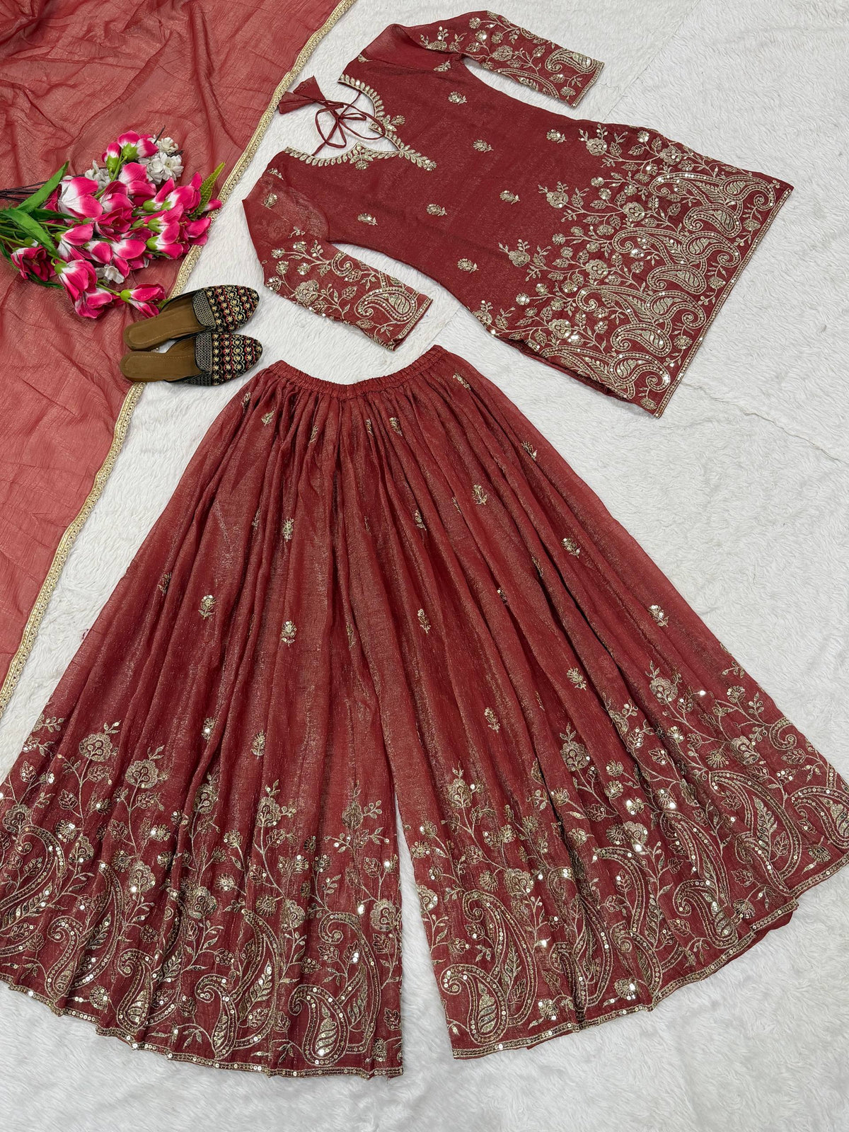 Heavy Crunchy Silk Sequence Embroidery Sharara Set