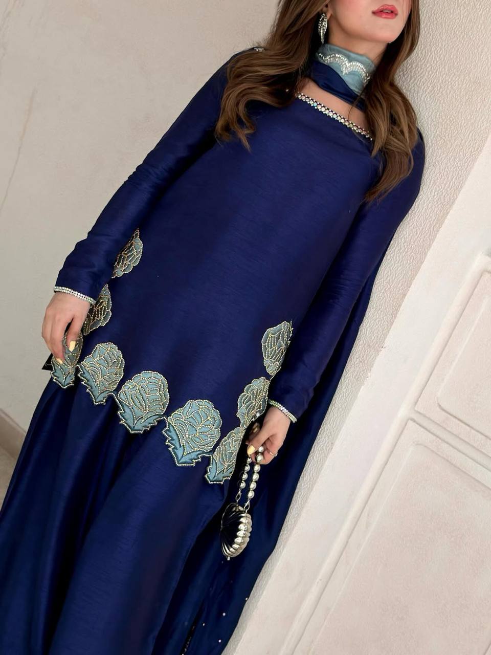Heavy Crepe Silk Embroidered Farshi Salwar Suit Set