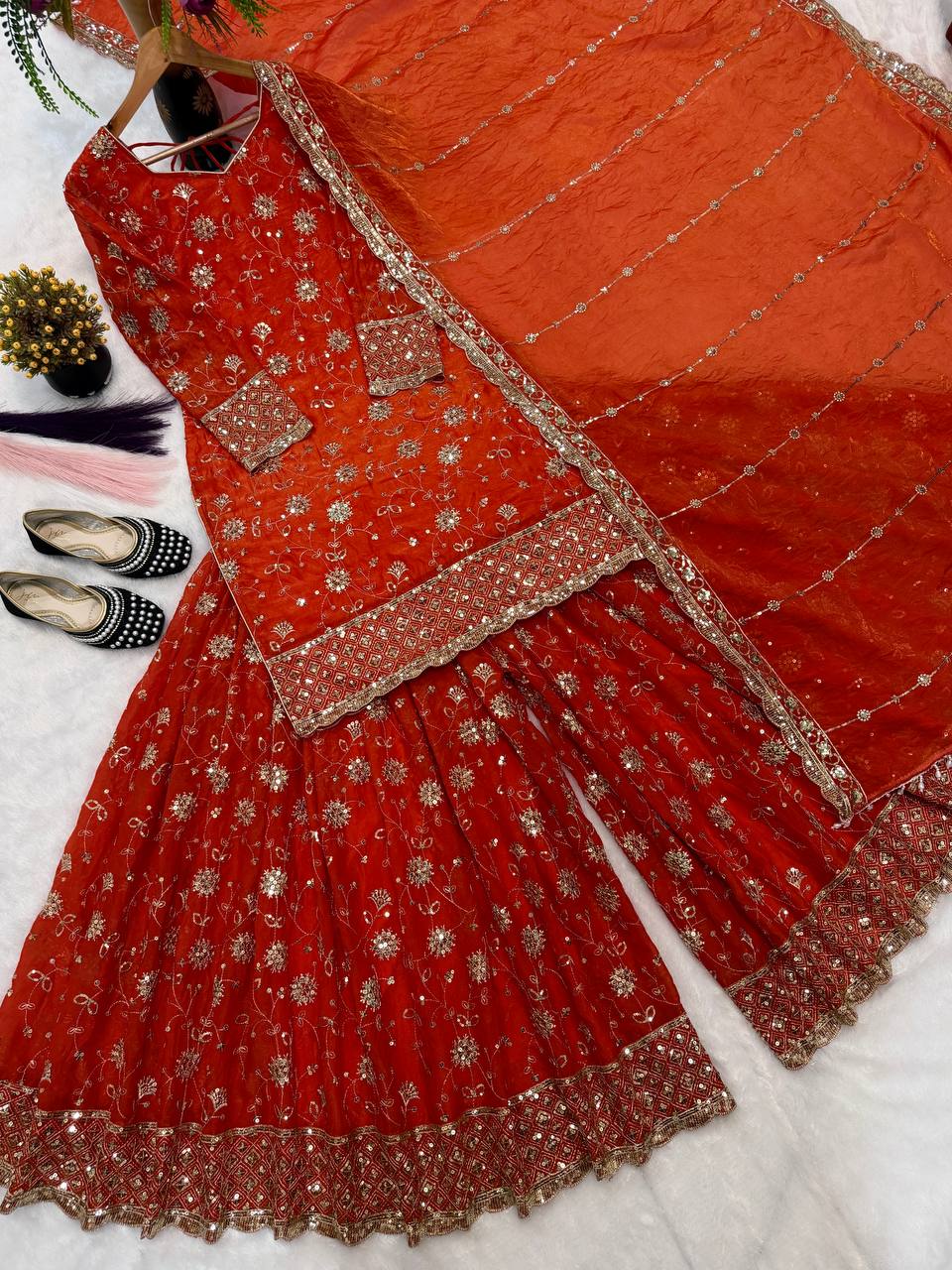 Premium Pure Frendy Silk Embroidered Top Palazzo Dupatta Set