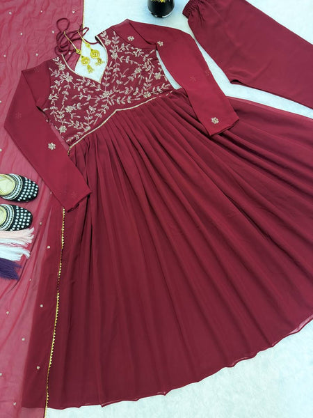 Elegant Faux Georgette Gown Set with Hand-Crafted Beading