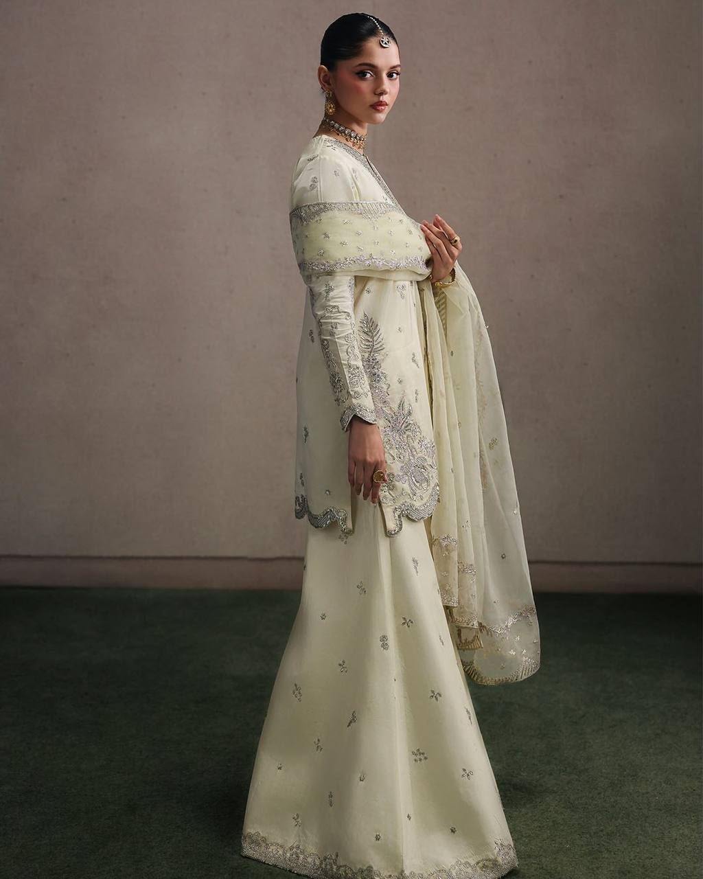 Premium Natural Crepe Silk Sharara Suit with Multi-Needle Sequence Embroidery