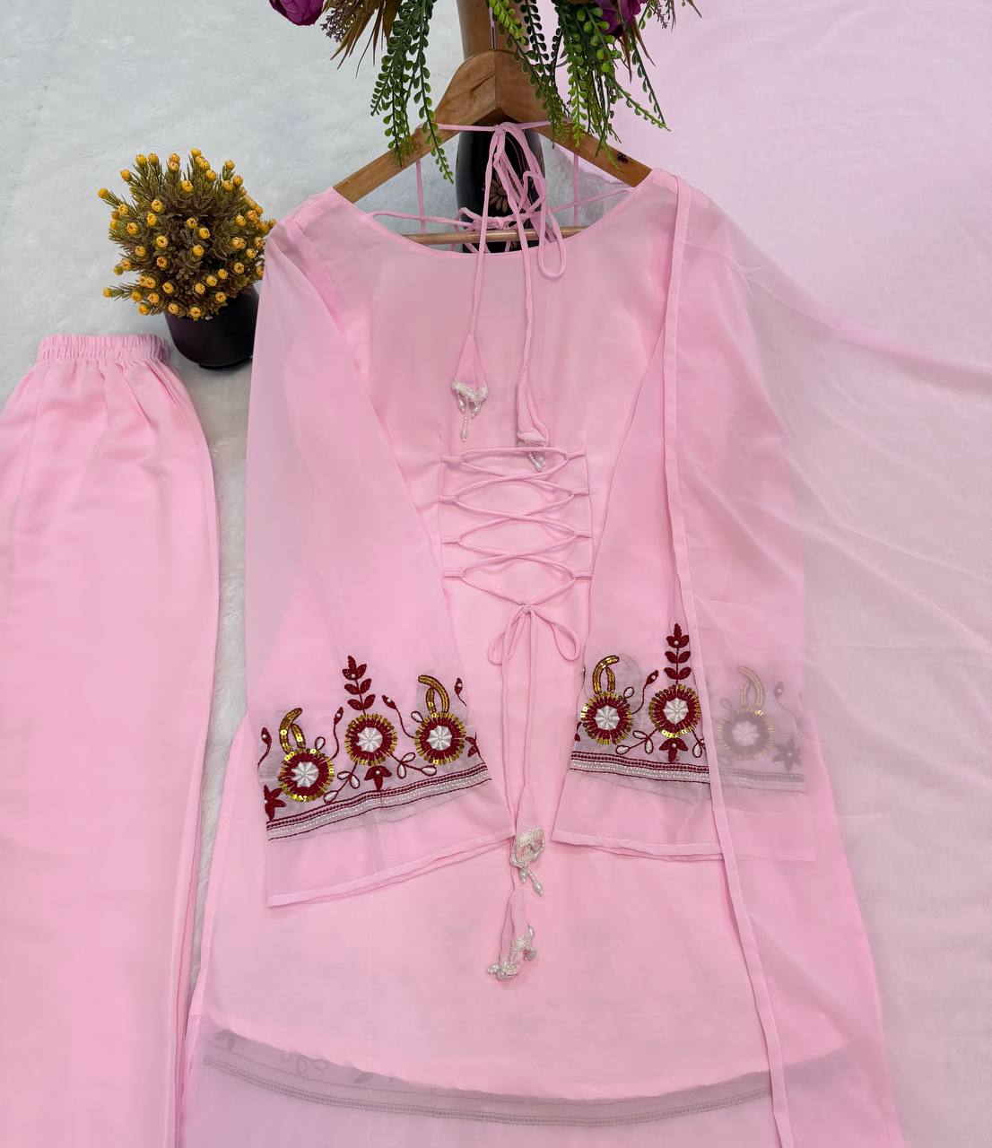 Heavy Faux Georgette Embroidered Peplum Top with Palazzo Set