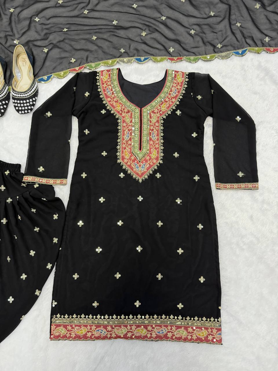 Heavy Faux Georgette Embroidered Dhoti Salwar Suit Set