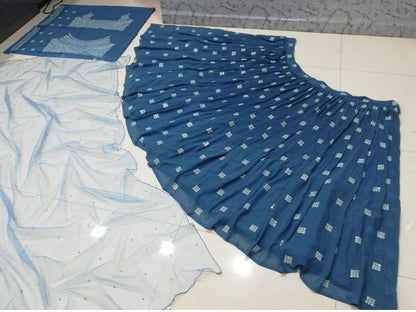 Elegant Dark Sky Blue Faux Georgette Lehenga Choli Set
