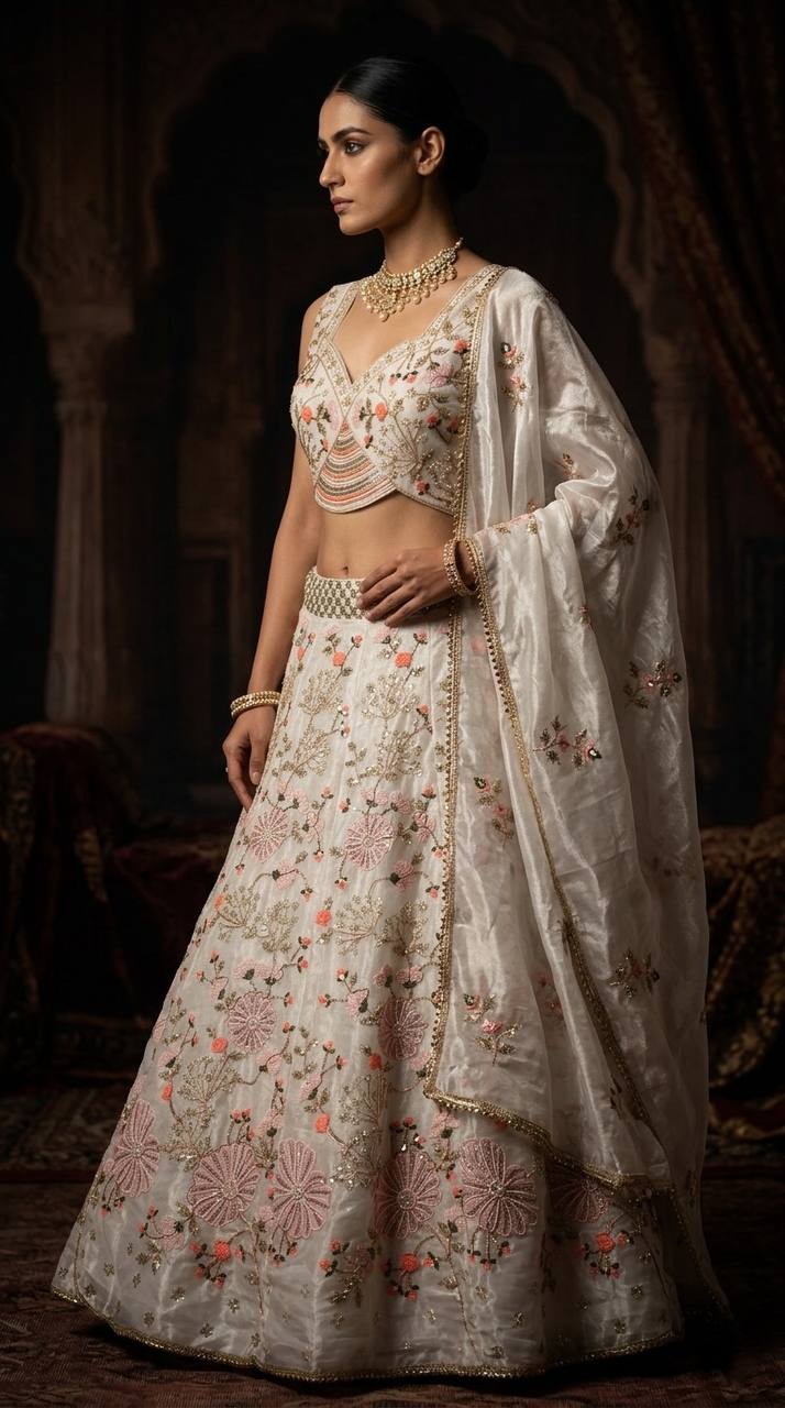 Elegant Tabby Silk Lehenga Choli with Pearl Sequins Embroidery