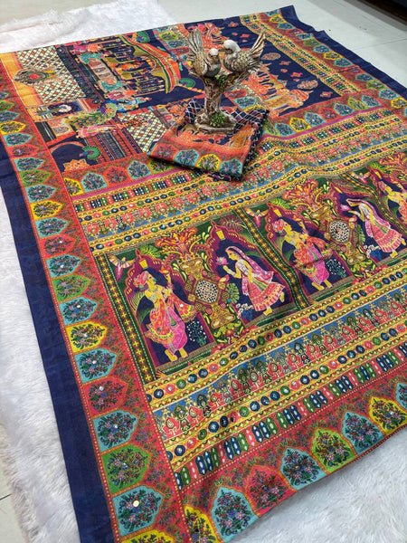 Ajrakh Print Mirror Work Chinnon Saree