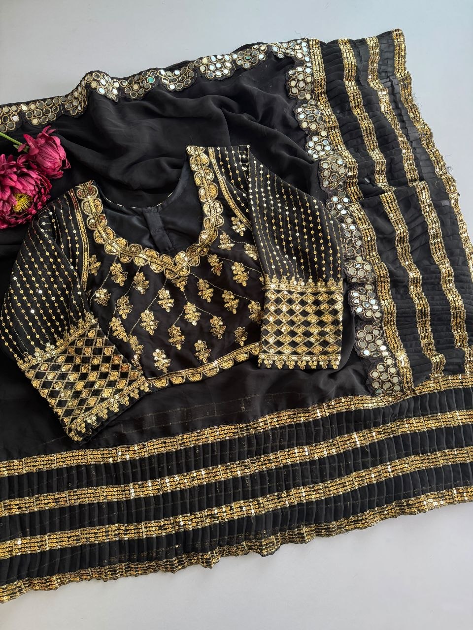 Glamorous Black Crush Pleated Georgette Saree