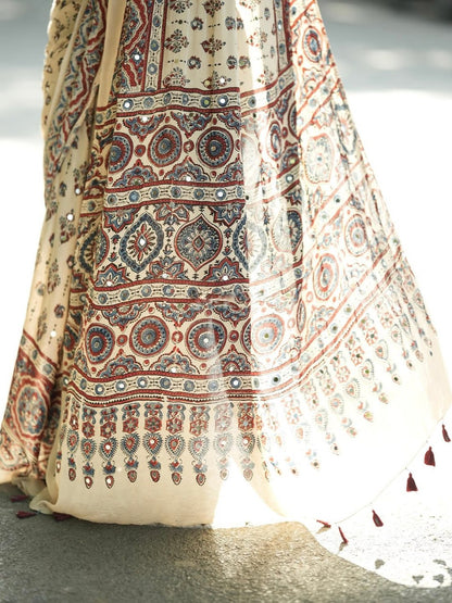 Premium Digital Print Silk Crape Saree with Mirror Work