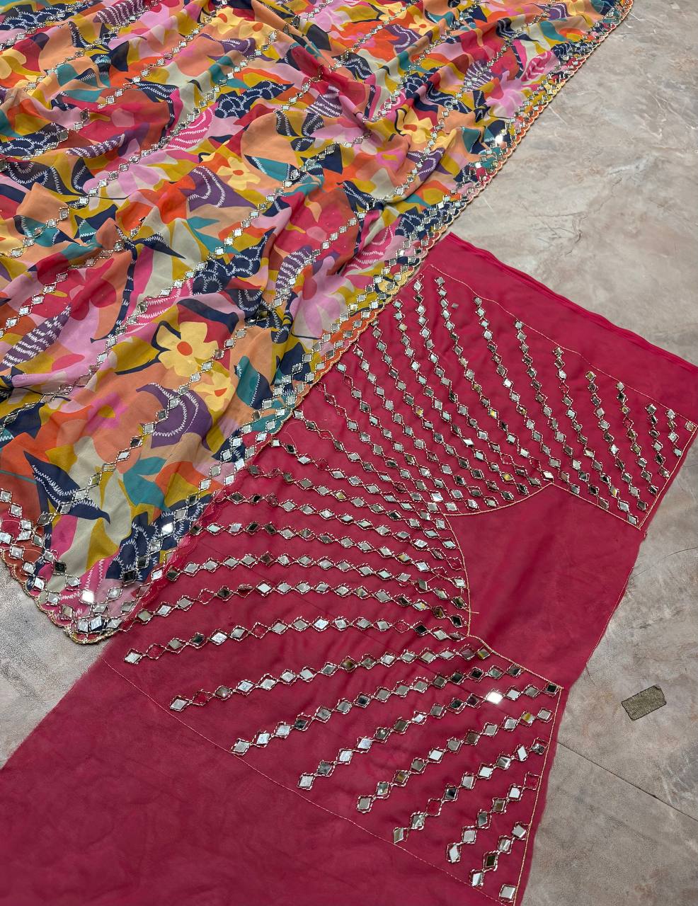 Elegant Digital Printed Star Georgette Saree with Handcrafted Real Mirror & Bead Embellishments