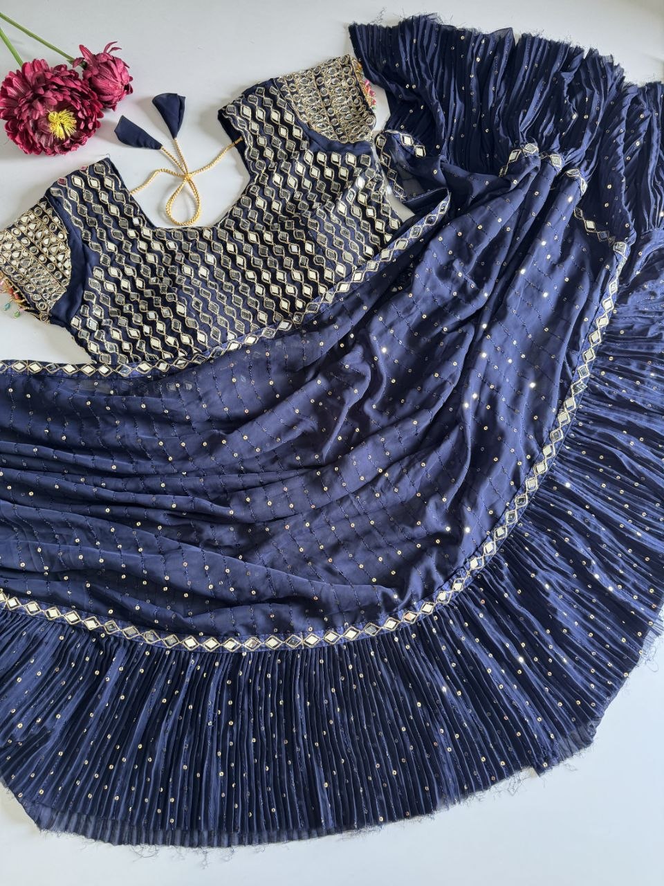 Sequins Faux Georgette Saree with Crush Pleats & Stitched Real Mirror Work Blouse