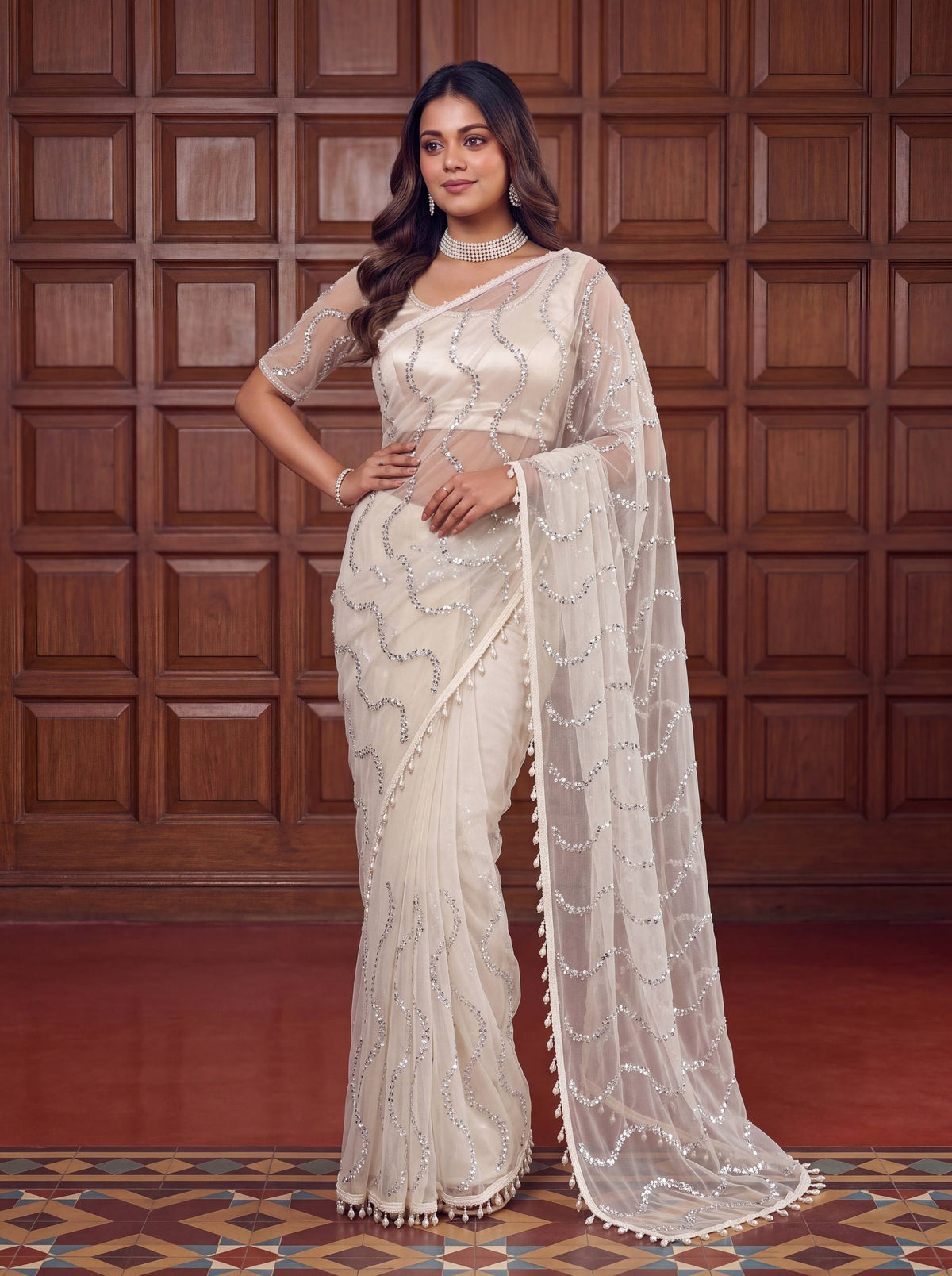 designer Net Embroidered Saree with Beads, Sequins & Pearl Work | Matching Unstitched Blouse
