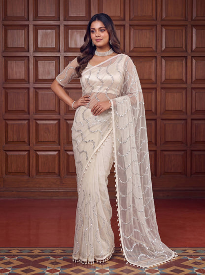 designer Net Embroidered Saree with Beads, Sequins & Pearl Work | Matching Unstitched Blouse