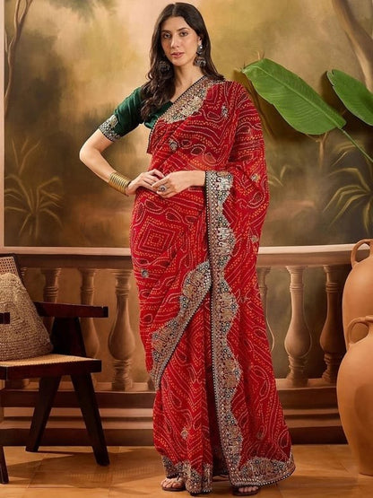 Red Soft Georgette Bandhani Saree with Heavy Embroidered Border & Banglori Satin Blouse Piece