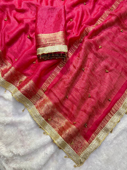 Premium Soft Tissue Silk Saree with Real Ghungroo Work & Minimal Border