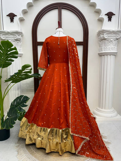 Rust orange Anarkali lehenga set back view