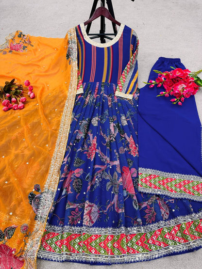 Designer Party Wear Look Digital Print Anarkali Suit With Embroidery Sequence Work With Bottom and Dupatta