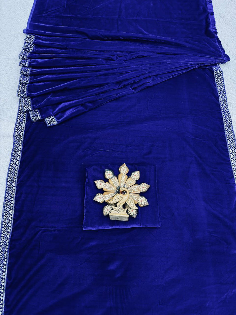 Buy Royal Blue Erisha Silk Saree With velvet blouse piece at Amazon.in