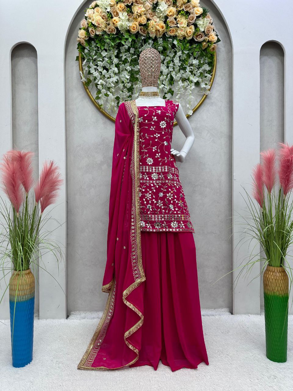Beautiful Pink Color Georgette Embroidery Palazzo  Salwar Suit