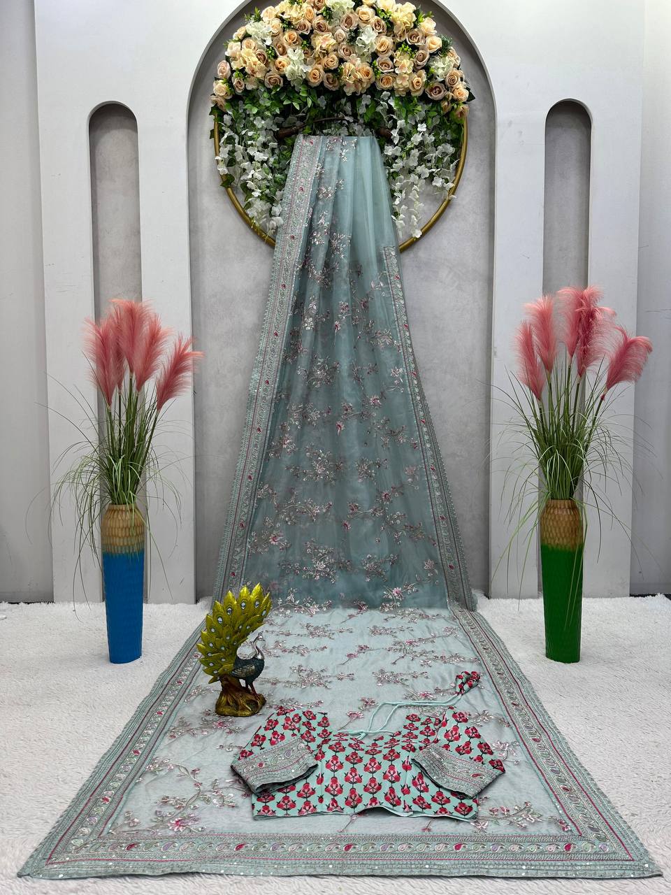 Party Wear Sea Green Color Organza Silk Sequence Thread Printed Work Saree Blouse