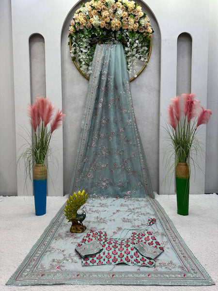 Party Wear Sea Green Color Organza Silk Sequence Thread Printed Work Saree Blouse